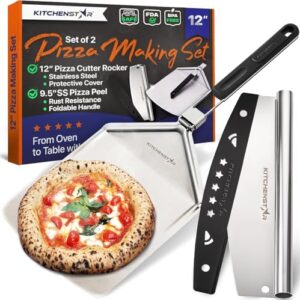 12″ Pizza Making Kit (Set of 2) – 12″ Pizza Cutter Rocker Knife with Blade Cover + 9.5″ Stainless Steel Pizza Peel with Folding Handle- Ultimate Pizza Oven Accessories