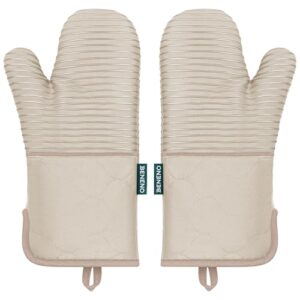 Beneno Kitchen Oven Mitts 2-Pack Heat Resistant to 500°F with Non-Slip Silicone Grip, Extra Long 14.3″ Forearm Protection, Soft Quilted Cotton Terry Lining, Ideal for Cooking, Baking, Grilling, Beige