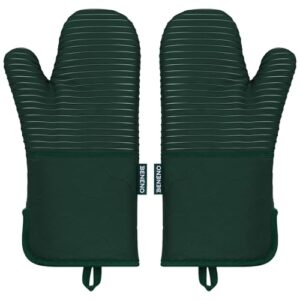 Beneno Kitchen Oven Mitts 2-Pack Heat Resistant to 500°F with Non-Slip Silicone Grip, Extra Long 14.3″ Forearm Protection, Soft Quilted Cotton Terry Lining, Ideal for Cooking, Baking, Grilling, Green