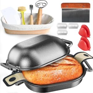 Cast Iron Dutch Oven for Bread Baking, With Banneton Bread Proofing Basket & Baking Supplies, 7.5QT Multi-Functional Dutch Oven Pot with Lid, Cast Iron Bread Pan, Black