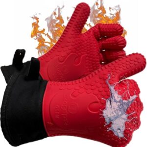 Ekogrips Plus Oven Gloves with Fingers, Comfy Waterproof Silicone Oven Mitts Heat Resistant with Long Cuff, Insulated BBQ Gloves Perfect for Grilling, Baking, Smoker, Canning, and Pizza, Red, OSFM