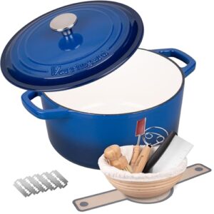 Enameled Cast Iron Dutch Oven Pot with Lid, for Bread Baking, Round Bread Oven- include Sourdough Bread Baking Supplies Set, 6QT, Blue