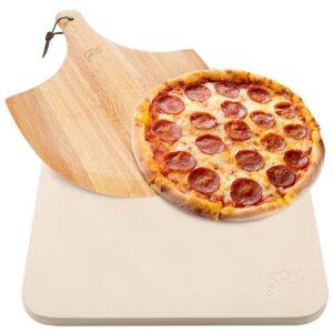 HANS GRILL PIZZA STONE | Rectangular Pizza Stone For Oven Baking & BBQ Grilling With Free Wooden Peel | Extra Large 15 x 12″ Inch Durable Cordierite Cooking Stone.