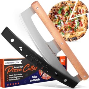 KitchenStar 14-Inch Pizza Cutter Rocker Blade – Razor Sharp Stainless Steel Slicer Knife, Stylish Beech Wood Handle, Protective Cover – Professional Pizza Oven Accessories, Silver