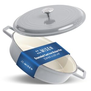 Misen 5.5 QT Braiser – Enameled Cast Iron Pan for Searing, Braising & Slow Cooking – No-Chip Enamel Coating – Extra-Wide Handles – Superior Heat Retention & Even Cooking – Gray