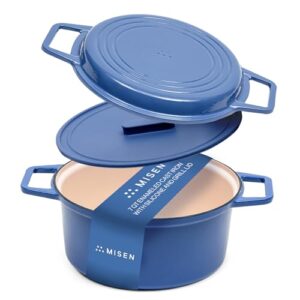 Misen 7 QT Enameled Cast Iron Dutch Oven – Chip-Resistant Enamel Coating – Thick Iron Core For Heat Retention – Large Cooking Surface – Oven Safe, Induction Compatible – Grill and Silicone Lid, Blue