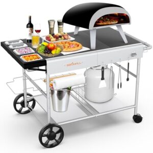 Pizza Oven Table Grill Cart with Pizza Topping Station Movable Food and Prep Workcart Outdoor Grill Table Stand for Ninja Woodfire Blackstone Griddle Cuisinart etc Grill