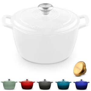 Signature Enameled Cast Iron Dutch Oven, Non-Stick Serving Pot with Tight Fitting Lid for Perfect Roasting, Baking, Sauteing, and Bread Making | 5.5Q (5.2L) – White