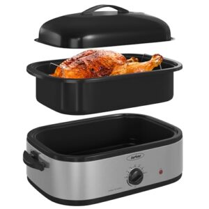 Sunvivi 14-Quart Electric Roaster Oven with Self-Basting Lid, Turkey Roaster Oven with Removable Pan and Rack, Stainless Steel, Silver
