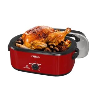 Sunvivi 26 Quart Electric Roaster With Glass Lid, Turkey Roaster Buffet, Self-Basting Lid, Removable Pan, Cool-Touch Handles, Red