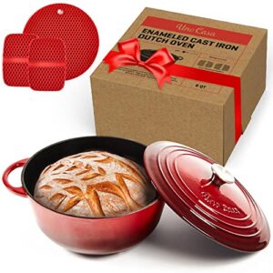 Uno Casa Enameled Cast Iron Dutch Oven – Red – 6Qt Dutch Oven Pot with Lid, Long-Lasting Enamel Casserole Dish for Bread Baking, Stews, and Roasting – Durable Non-Stick Iron Cookware for Versatile Cooking