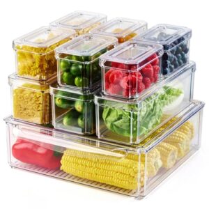 10 Pack Clear Fridge Organizer, Stackable Refrigerator Organizer Bins with Lids, Fridge Storage Containers for Kitchen, Food, Cabinets, Fruits, Vegetables, Cereals