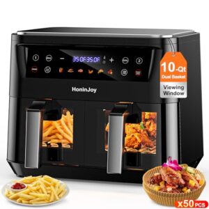 10QT Large Dual Basket Air Fryer with Viewing Window and 50pcs Paper Liners, 10-in-1 Digital Touchscreen Double Zone Air Fryers, SyncCook to Bake,Roast,Reheat,Broil, Nonstick Dishwasher Safe