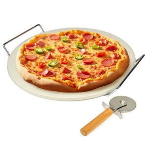 13″ Pizza Stone Set with Stainless Steel Rack & Pizza Cutter – Thermal Shock-Resistant Baking Stone for Oven, Grill, BBQ, Even Heat Distribution, Compact Storage