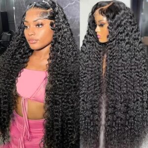 13×6 Deep Wave Lace Front Wigs Human Hair HD Full Lace Frontal Wigs Pre Plucked Bleached Knots 180% Density Deep Curly Human Hair Wig Natural Color 28Inch