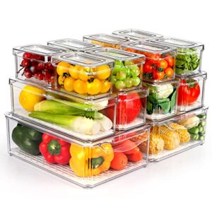 14 Pack Fridge Organizer, Stackable Refrigerator Organizer Bins with Lids, BPA-Free Fridge Organizers and Storage Containers for Fruit, Vegetable, Food, Drinks, Cereals, Clear