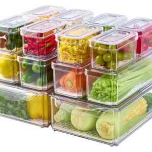 14 Pack Fridge Organizers, Refrigerator Organizer Bins with Lids, BPA Free Stackable Fruit Storage Containers for Fridge, Vegetables, Food and Drinks