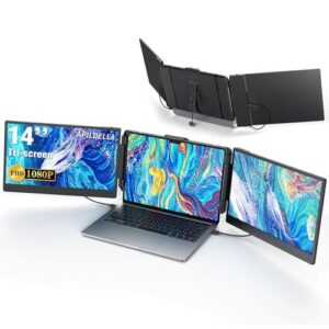 14’’ Triple Laptop Screen Extender, 1080P FHD Portable Dual Monitor for Laptop USB C HDMI, Plug-Play Laptop Monitor Extender for Triple Display for Mac/Windows, Fit 13”-17.3” Laptops