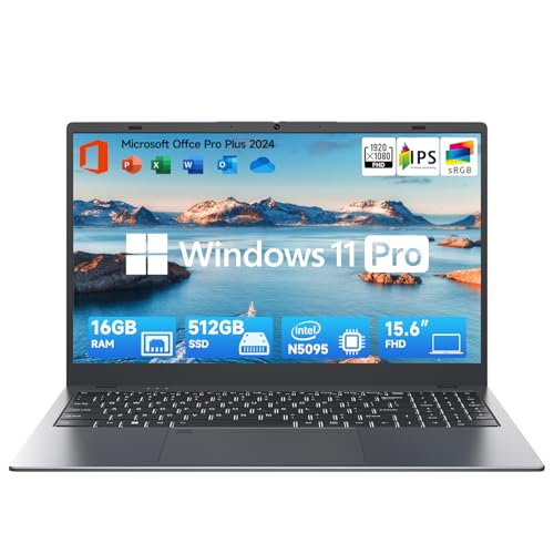 15.6 Inch Laptop-Computer with MS Office, 12th Gen Intel Quad-Core N5095, 16GB RAM 512GB SSD (Expandable to 2TB), Win 11 Laptop, Backlit, Fingerprint, Type-C, HDMI, USB3.2, BT5.0, WiFi 5G