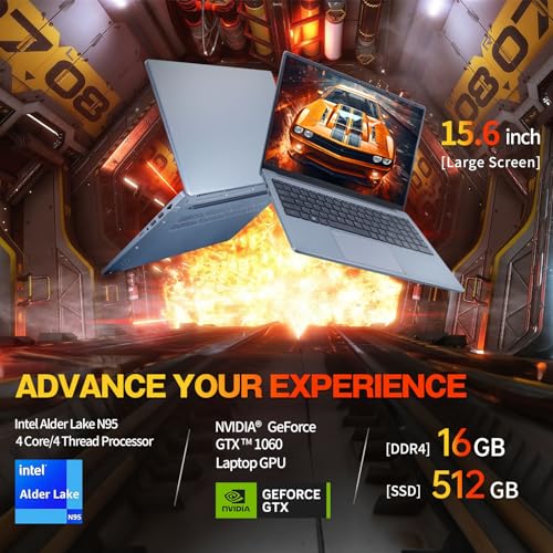 15.6 inch Narrow Border Laptop, Celeron N95 UHD + GTX 1060 4GB,16G DDR4 Quad-Core,1920x1080 FHD IPS, Backlit Keyboard,Fingerprint Unlocking (Gray, 16GB+512GB SSD) - Image 3