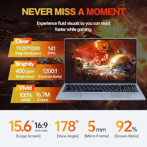 15.6 inch Narrow Border Laptop, Celeron N95 UHD + GTX 1060 4GB,16G DDR4 Quad-Core,1920x1080 FHD IPS, Backlit Keyboard,Fingerprint Unlocking (Gray, 16GB+512GB SSD) - Image 6