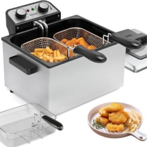 1800W 5 Liters/21 Cups Large Electric Deep Fryer with 3 Frying Baskets, Adjustable Temperature,View Window Lid,Countertop Stainless Steel Body Deep Fryer Pot,Perfect for Kitchen, Fry Fish for Home Use