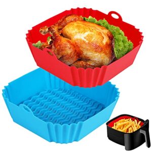 2 PCS Square Silicone Air Fryer Liners – 8 Inch Reusable Air Fryer Pot – Air Fryer Accessories – Air Fryer Inserts for 4 to 7 QT Oven Microwave Accessories (Red + Blue)