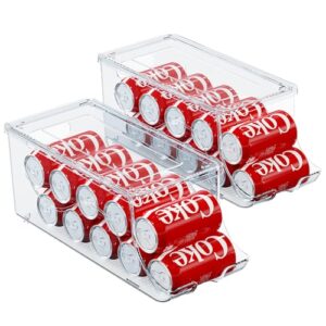 2 Pack Stackable Refrigerator Organizer, Soda Can Dispenser Pop Cans Container Beverage Holder with Lid for Fridge, Freezer, Kitchen, Clear Plastic Storage Bins-Holds 10 Cans Each (Clear)