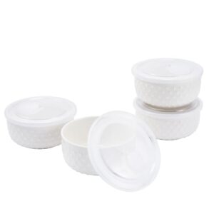 20 oz ceramic bowls with lids Set of 4 ,Oven-Safe Porcelain Ramekins with Lids,5 inch Serving Bowls with lids, Large White Souffle and Creme Brulee Baking Dishes, Set of Ramekin Bowls for Sauce and Dessert