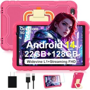 2025 Android 14 Tablet, 10 inch Tablets 22GB+128GB +1TB Expand, 8000mAh Octa-Core Tablet w/ Drop-proof Case, HD IPS Display, GPS, 5G WIFI, Split Screen,Widevine L1, for Adults and Kids -Metal Rose Red