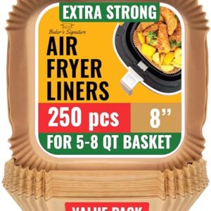 250 pcs Air Fryer Liners, Disposable Airfryer Paper Liners – Non-Stick and Oil Proof for Easy Cleanup, Great for Oven, Pans & Baking – 8” Square for 5-8 qt Basket by Baker’s Signature