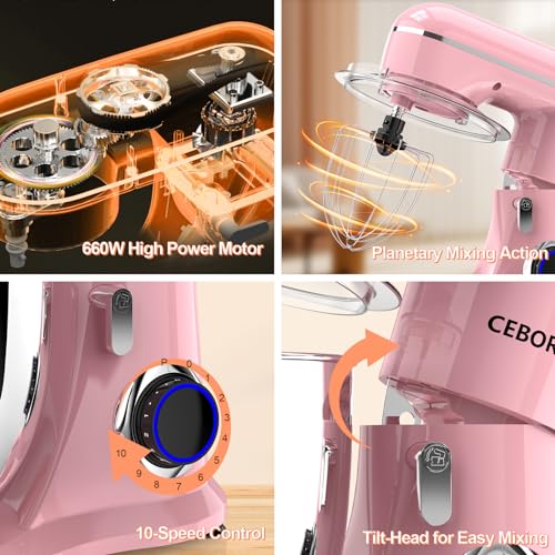3-IN-1 Electric Stand Mixer, 6.5QT Bowl 660W 10-Speed Kitchen Mixer, Household Food Mixers include Dough Hook, Beater and Whisk, Bread Cake Mixer for Baking and Most Home Cooks, Pink - Image 6
