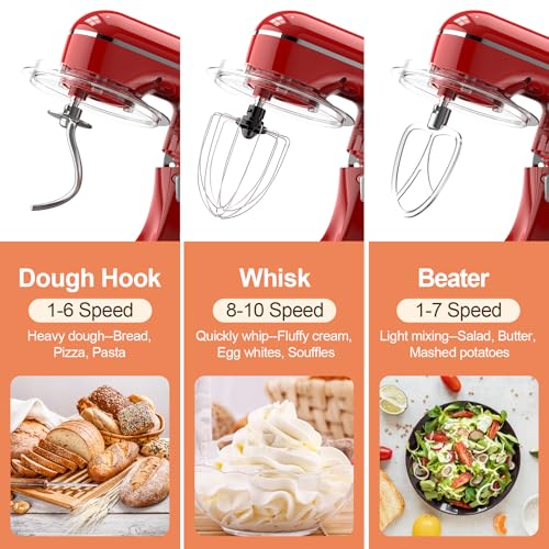 3-IN-1 Electric Stand Mixer, 6.5QT Bowl 660W 10-Speed Kitchen Mixer, Household Food Mixers include Dough Hook, Beater and Whisk, Bread Cake Mixer for Baking and Most Home Cooks, Red - Image 5