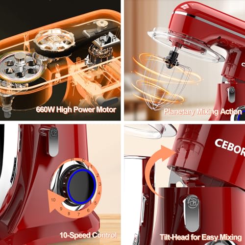 3-IN-1 Electric Stand Mixer, 6.5QT Bowl 660W 10-Speed Kitchen Mixer, Household Food Mixers include Dough Hook, Beater and Whisk, Bread Cake Mixer for Baking and Most Home Cooks, Red - Image 6