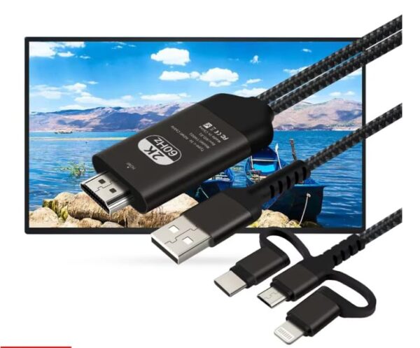 3-in-1 Phone to TV HDMI Adapter 2K@60Hz/1080P | Lightning+Type-C to HDMI for iPhone/Android/Samsung | Plug & Play, Video Audio Mirroring, HDMI Cable Compatible iPhone 15/14/S24/S23 & Tablets
