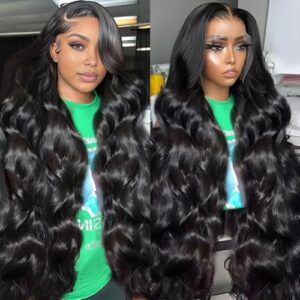 30 Inch 13×6 Lace Front Wigs Human Hair 200% Density Body Wave HD Lace Front Wigs Human Hair Pre Plucked Glueless 13×6 Full Frontal Wig for Women Natural Black