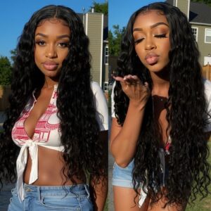 30INCH Deep Wave Lace Front Wigs Human Hair with Baby Hair 13×6 Glueless HD Full Lace Front Wig Pre-Drawn Bleaching Knot 180% Density Deep Curly Human Hair Wig Natural Color for Woman