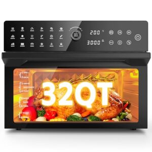 32QT Extra Large Air Fryer, Toaster Oven Air Fryer Combo, 360°Hot Air Circulation for Healthier Food, 1800W Preset Dual Cook, 13″Pizza Cooking, 20-in-1 Double-Rack Oven, 7-Accessory, Transparent Door