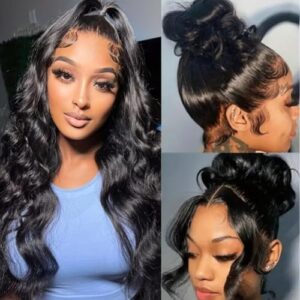 360 Body Wave Lace Front Wigs Human Hair 360 HD Full Lace Human Hair Wigs Pre Plucked Invisi Strap Drawstring Wig Human Hair for Women 180 Density Glueless 360 Lace Frontal Wig 24 Inch
