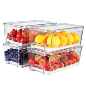 4-Pack Refrigerator Drawer Organizer Bins, Clear Stackable Pull Out Fridge Organizers and Storage Container, Refrigerator Storage with Strainer Layer for Fruits, Vegetables and Drinks