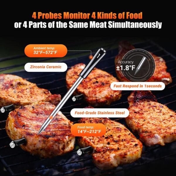 4-Probe WiFi Wireless Meat Thermometer with 360°Readable LCD Standalone Base, WiFi and Bluetooth 5.3 Unlimited Range, IPX8 Waterproof Food Kitchen Thermoemter for BBQ, Grill, Smoker, Oven, Rotisserie - Image 4