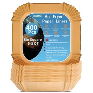 400Pcs 8 Inch Air Fryer Paper Liners Disposable,Square Non-Stick & Oil-Proof Parchment Paper Liners for 5-8 QT Air Fryer,Unbleached Airfryer Liners for Baking,Roasting,and Microwave