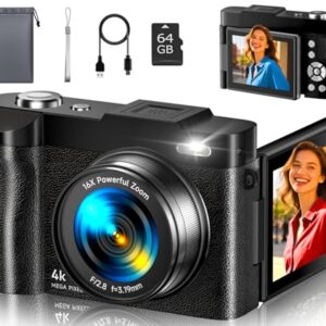 4K Digital Camera for Photography- 48MP Autofocus Vlogging Camera with 2.8″ 180° Flip Screen, 16X Digital Zoom- Compact Point and Shoot Camera with 64GB SD for YouTube, Travel, Beginners