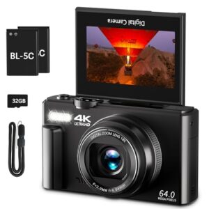 4K Digital Camera for Photography, 64MP Vlogging Camera for YouTube with 3″ 180° Flip Screen, 18X Digital Zoom Point and Shoot Camara with 32GB Micro SD Card for Beginner (Black)