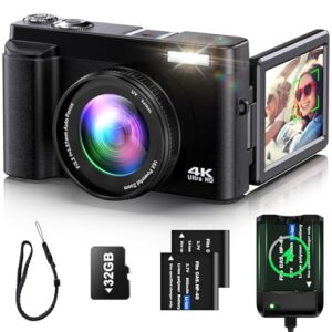 4K Digital Camera for Photography Auto-Focus Vlogging Camera for YouTube Video with 3” 180° Flip Screen 16X Anti-Shake 4K Camera Compact Cameras with SD Card, Flash, 2 Batteries & Battery Charger