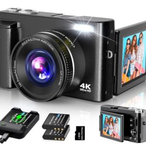 4K Digital Camera for Photography Autofocus, 2024 Latest 48MP Vlogging Camera for YouTube with SD Card, 2 Batteries, 3″ 180°Flip Screen Compact Travel Camera for Teens with 16X Zoom, Anti-Shake,Black