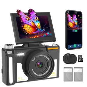 4K Digital Camera for Photography, Autofocus, WiF 64MP Vlogging Camera for YouTube, 3″ 180° Flip Screen, 20X Digital Zoom Point Compact Camera, with Flash Hot Shoe, 64GB TF Card & 2 Batteries
