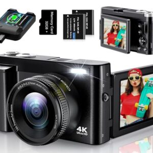4K Digital Camera for Photography, UHD Autofocus 48MP 180° Flip Screen 16X Zoom Compact Point Shoot Vlogging Camera for YouTube with 2 Batteries, 32GB Card (Black)