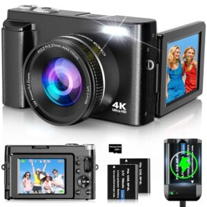 4K Digital Camera for Photography and Video, Autofocus 48MP Vlogging Camera for YouTube with 3” 180°Flip Screen 16X Zoom Compact Travel Cameras with SD Card, 2 Batteries, Anti-Shake, Flash (Black)