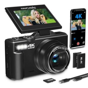 4K Digital Camera for Photography with 3″ 180°Flip Screen,64MP Vlogging Camera for YouTube, HD WiFi Compact Camera with Flash, 18X Digital Zoom, 32GB TF Card & 2 Batteries（Black）